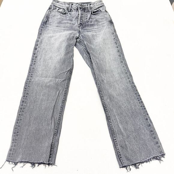 GRLFRND Mica Button Fly Black Smoke Charcoal Denim Jean Straight Raw Hem Size 24 - Picture 2 of 9